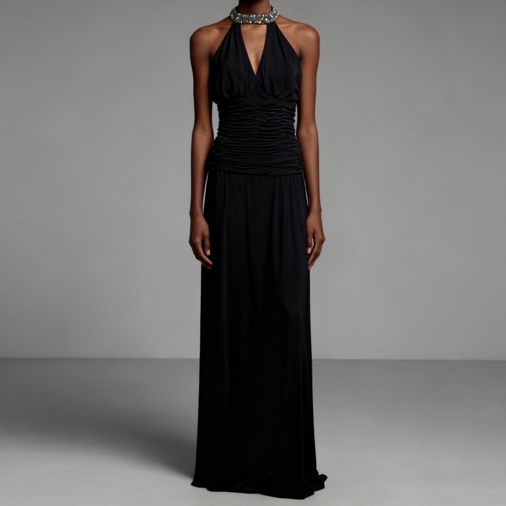 Cachet Ruched Beaded Sequin Halter Maxi Dress Black Cut Out Embellished NEW sz 6